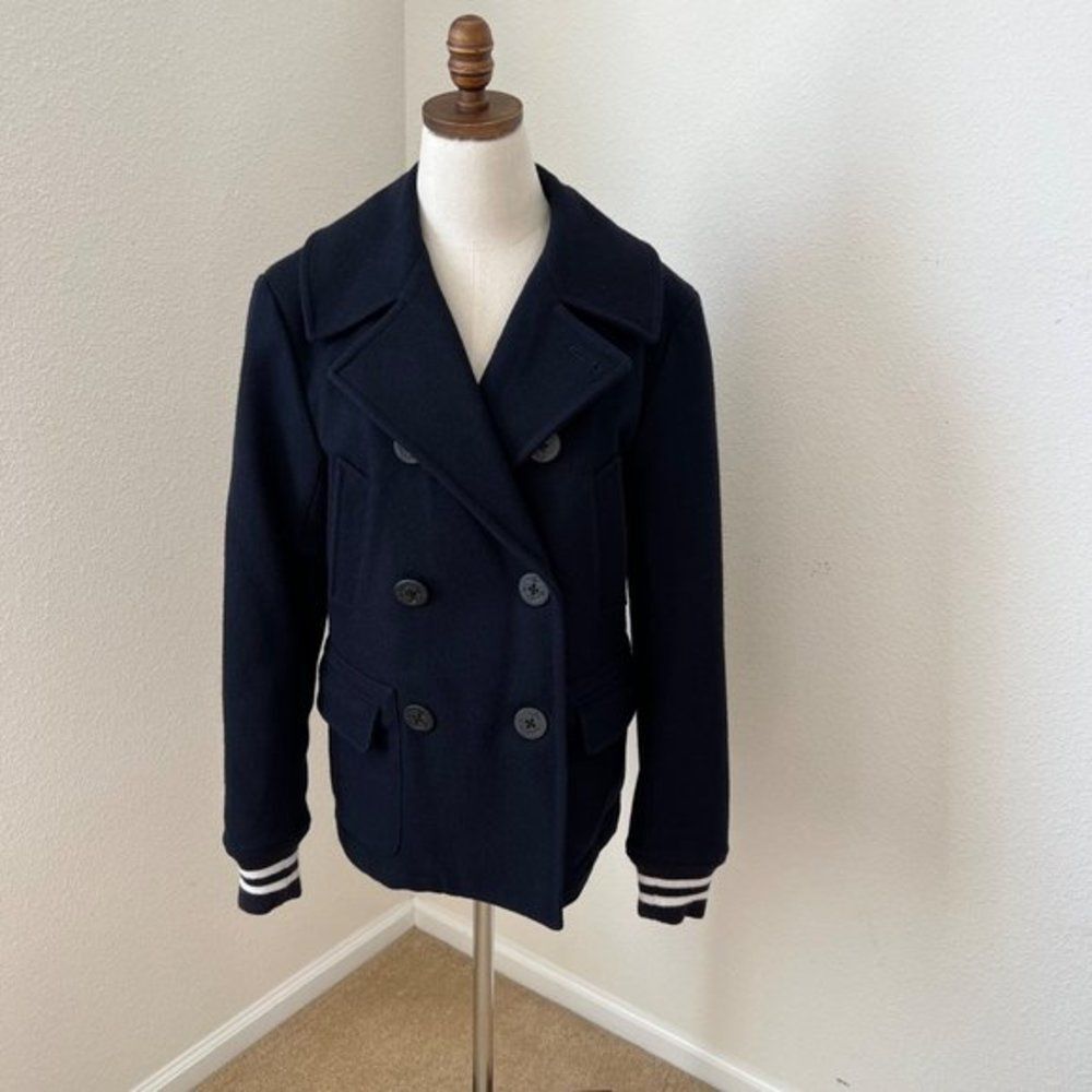Woolrich Navy Pea Coat Double Breasted Quilted Lining Wool Men's Small‎